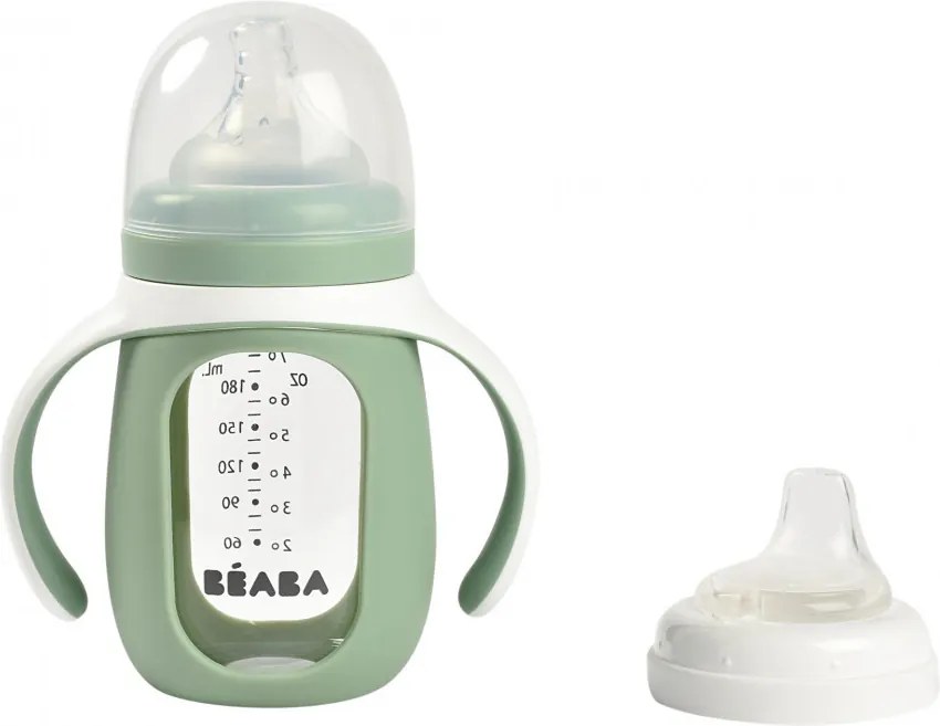 Béaba 2 az 1-ben Tanuló cumisüveg 210 ml + Szilikon borítással - Zsályazöld