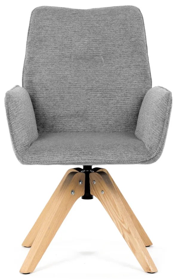 Scaun de sufragerie cu cotiere, din material hidrofug gri deschis, cu picioare de stejar, rotativ 360°
