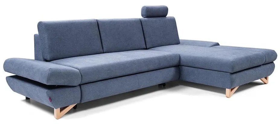 Ágyazható kárpitozott L-alakú sarok ülőgarnitúra tárolóhellyel AVESTA, jobbos, kék