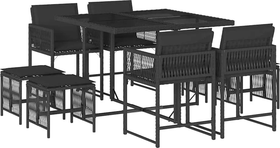 vidaXL 9 részes fekete polyrattan kerti étkezőgarnitúra párnákkal