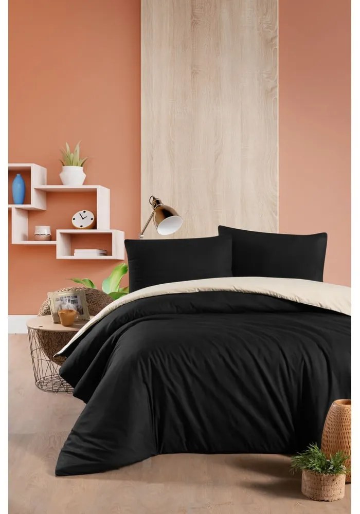 Fekete-krémszínű kétszemélyes-hosszabbított pamut ágyneműhuzat lepedővel 200x220 cm – Mila Home