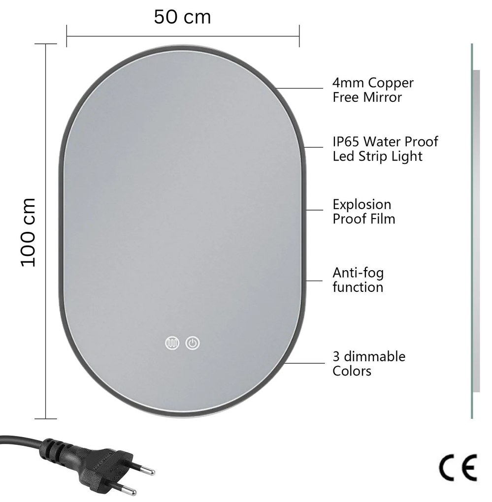 Erga Freya, ovális LED tükör 50x100cm fekete fém keretben, 3 világos szín, háttérvilágítás, páramentes fűtőpárna, ERG-V01-FREYA-5010-BK