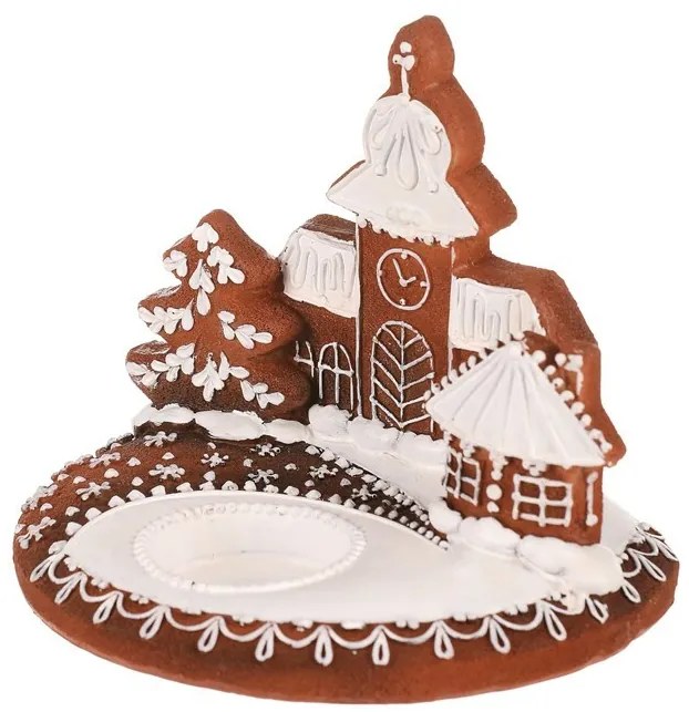 Gingerbread candle holder with church - polyresin,brown and white