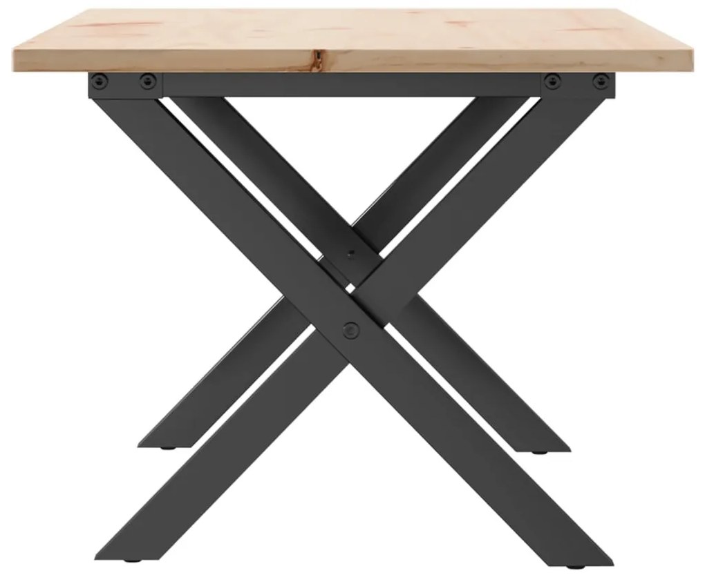 tömör fenyőfa és acél dohányzóasztal X-vázzal 80x50x40 cm