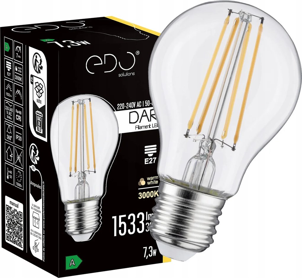 Edo Dekoratív Led izzó E27 7,3W 3000K Meleg Clear Filament 1533lm A60