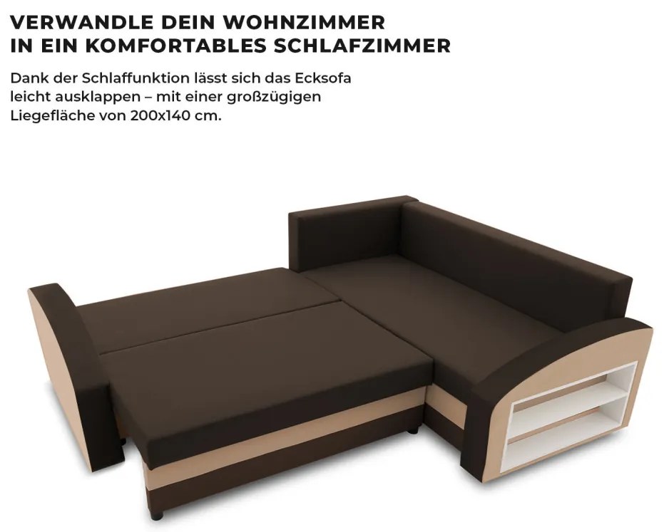 Grande sarokkanapé polcokkal , polc a jobb karfaban, jobboldali, szövet anyag, bonell töltet, barna