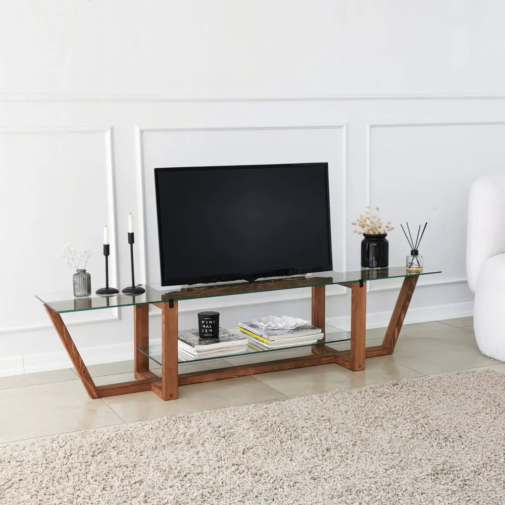 Amalfi üveg TV-állvány, dió, 158 cm