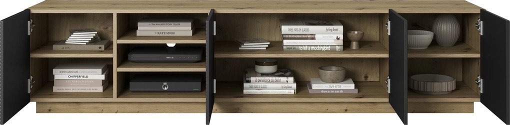 Asha TV-szekrény 200 cm, mart előlapokkal és nyitott résszel - artisan / fekete matt