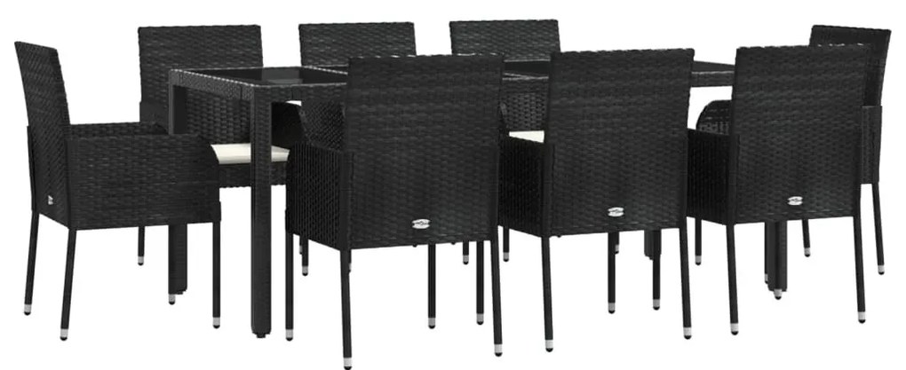 9 részes fekete polyrattan kerti étkezőgarnitúra párnákkal