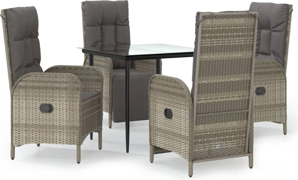 vidaXL 5 részes fekete és szürke polyrattan kerti étkezőszett párnával