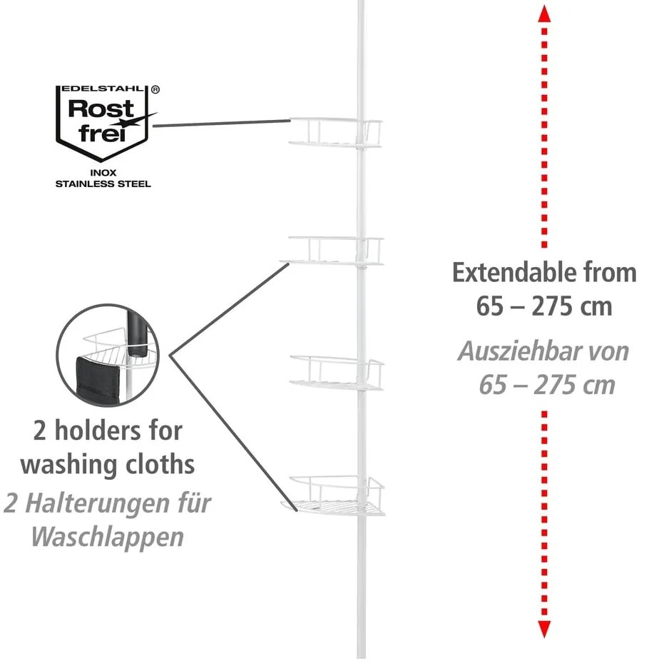 Fehér teleszkópos rozsdamentes acél fürdőszobai sarokpolc Dolcedo – Wenko