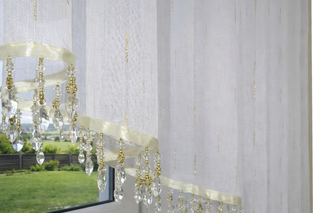 Függöny kész arany ezüst fehér cérna fátyol ív egyenes gyöngy
