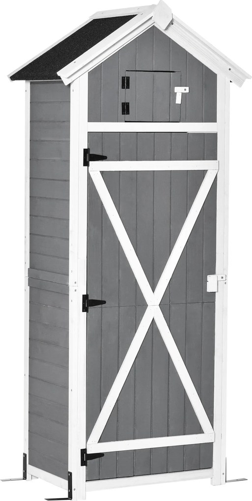 Outsunny Fa Kerti Szekrény, Időjárásálló Szerszámtároló 78x52.5x182cm, Kültéri Tároló Ház Ajtóval, Tetővel, Szerszámtároló Fém Akaszókkal, Összecsukha