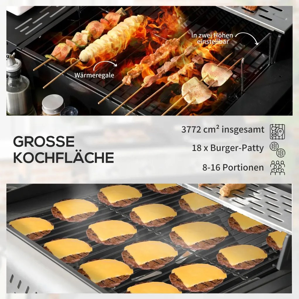 Outsunny Gázgrill, hőmérővel és melegen tartó tányérokkal, fekete és ezüst