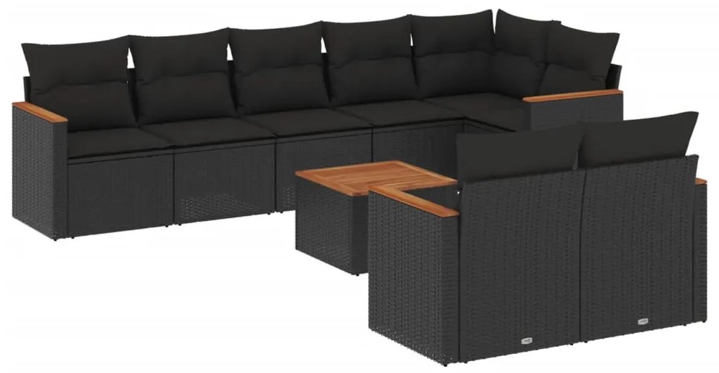 9 részes fekete polyrattan kerti ülőgarnitúra párnákkal