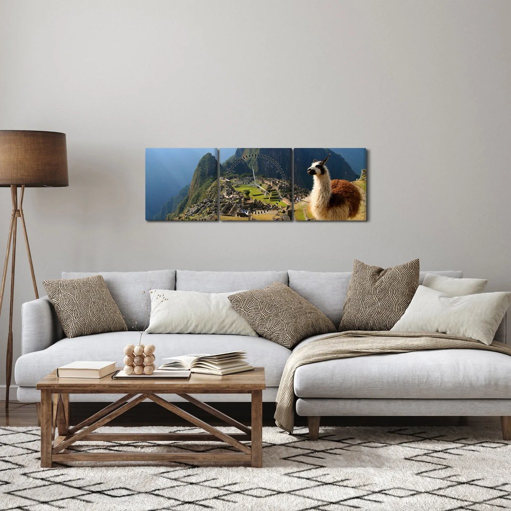 Kép - Láma és Machu Picchu (órával) (90x30 cm)