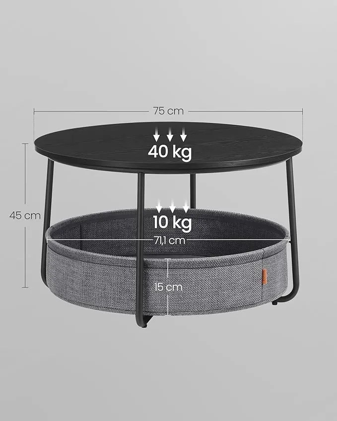 SALMA dohányzóasztal tárolókosárral, Ø 75 cm, fekete