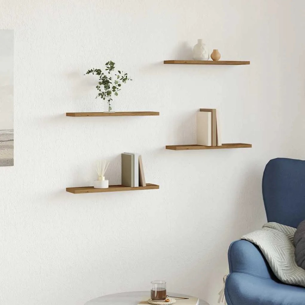 4 db kézműves tölgy színű szerelt fa fali polc 40 x 20 x 1,5 cm