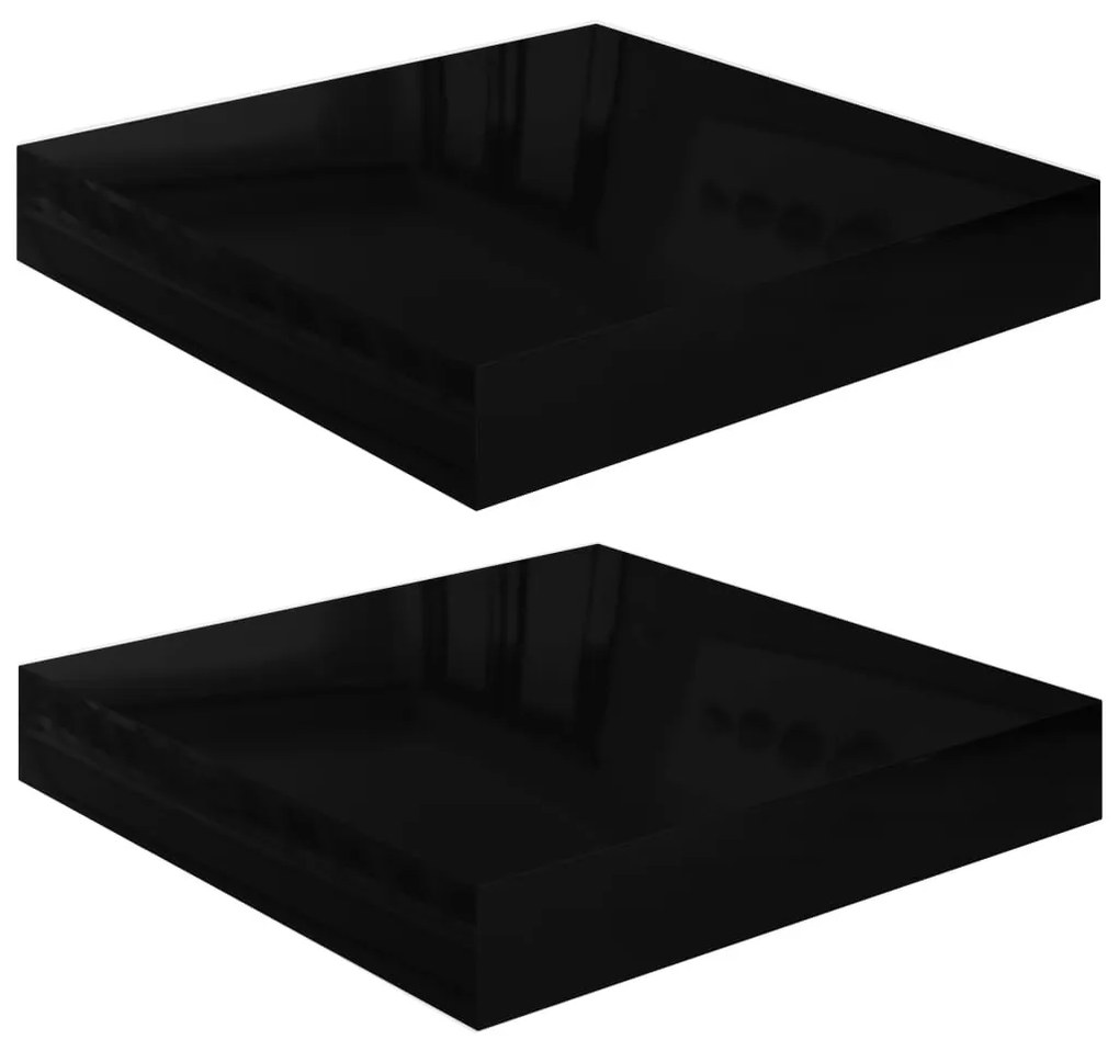 2 db magasfényű fekete MDF lebegő fali polc 23 x 23,5 x 3,8 cm
