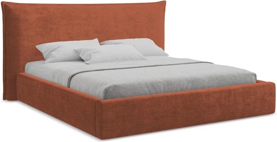 Terrakotta színű kárpitozott ágyneműtartós franciaágy ágyráccsal 180x200 cm Esala – Makamii