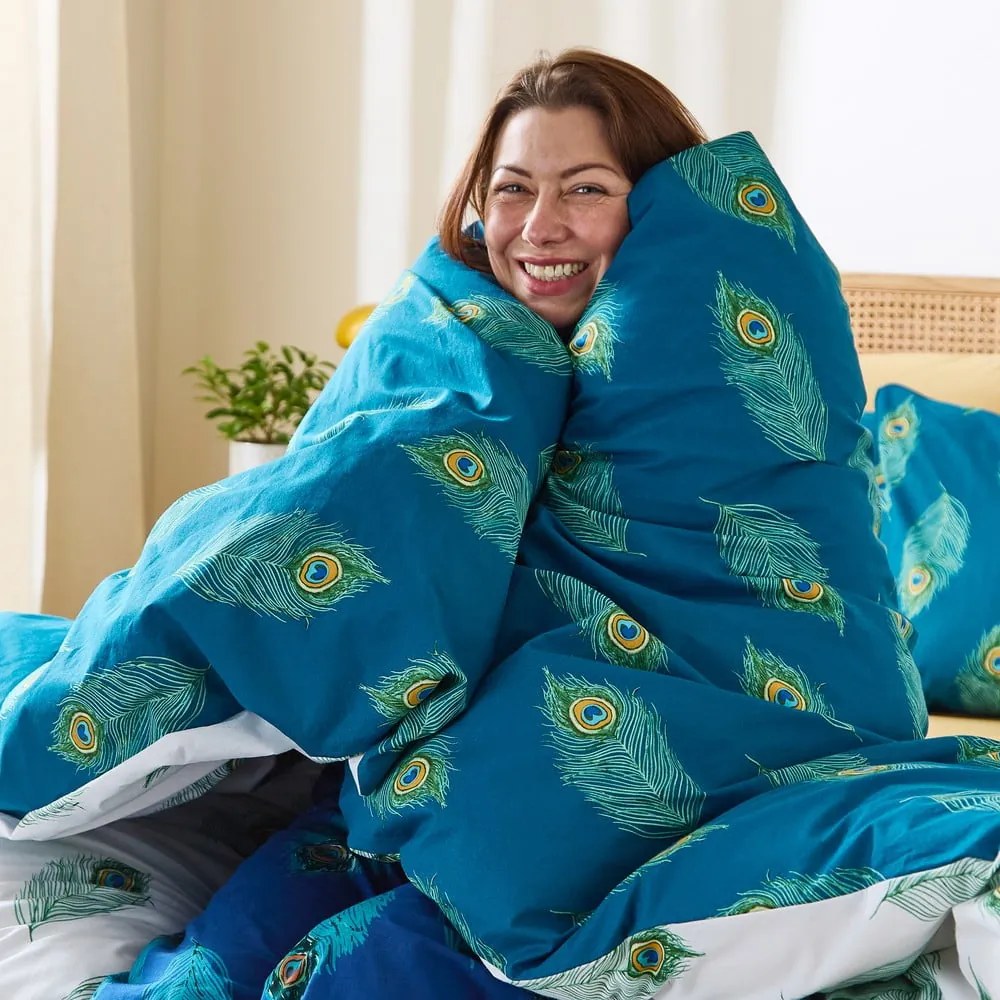 Fehér-kékeszöld egyszemélyes pamut ágyneműhuzat 135x200 cm Peacock Feather – Their Nibs