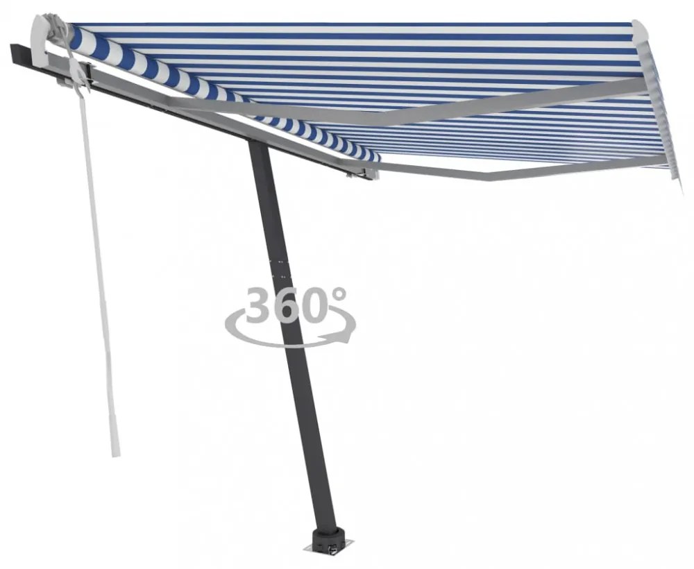 kék és fehér kézzel kihúzható póznás napellenző 350 x 250 cm