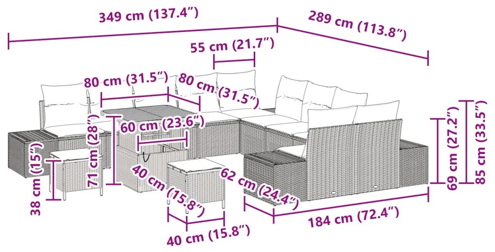 13 darabos kertkanapé szett párnákkal bézs poli rattan akáccal