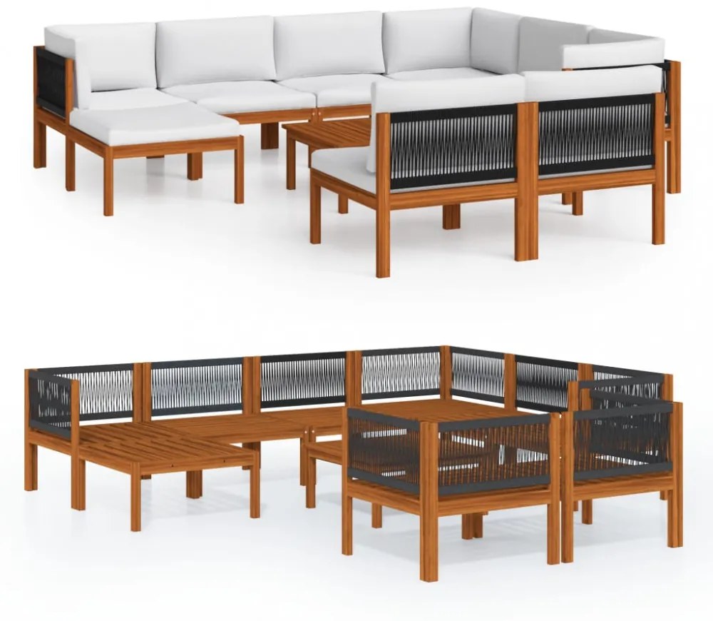 10 darabos krémszínű akácfa és kötél kerti pihenőgarnitúra párnákkal