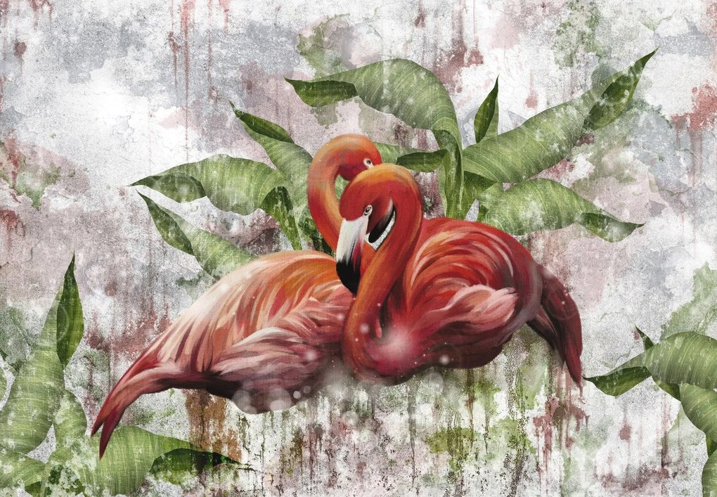 Fotótapéta - Flamingók betonfalon (147x102 cm)