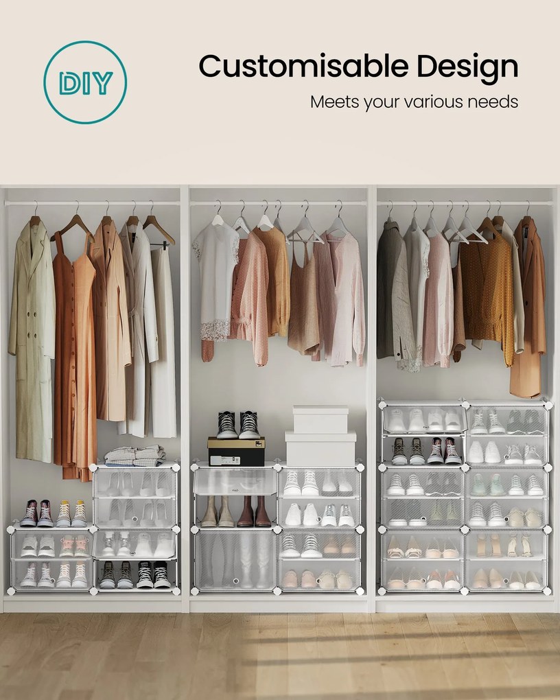 Összekapcsolható cipőtartó állvány akár 48 pár cipőhöz, fehér és átlátszó