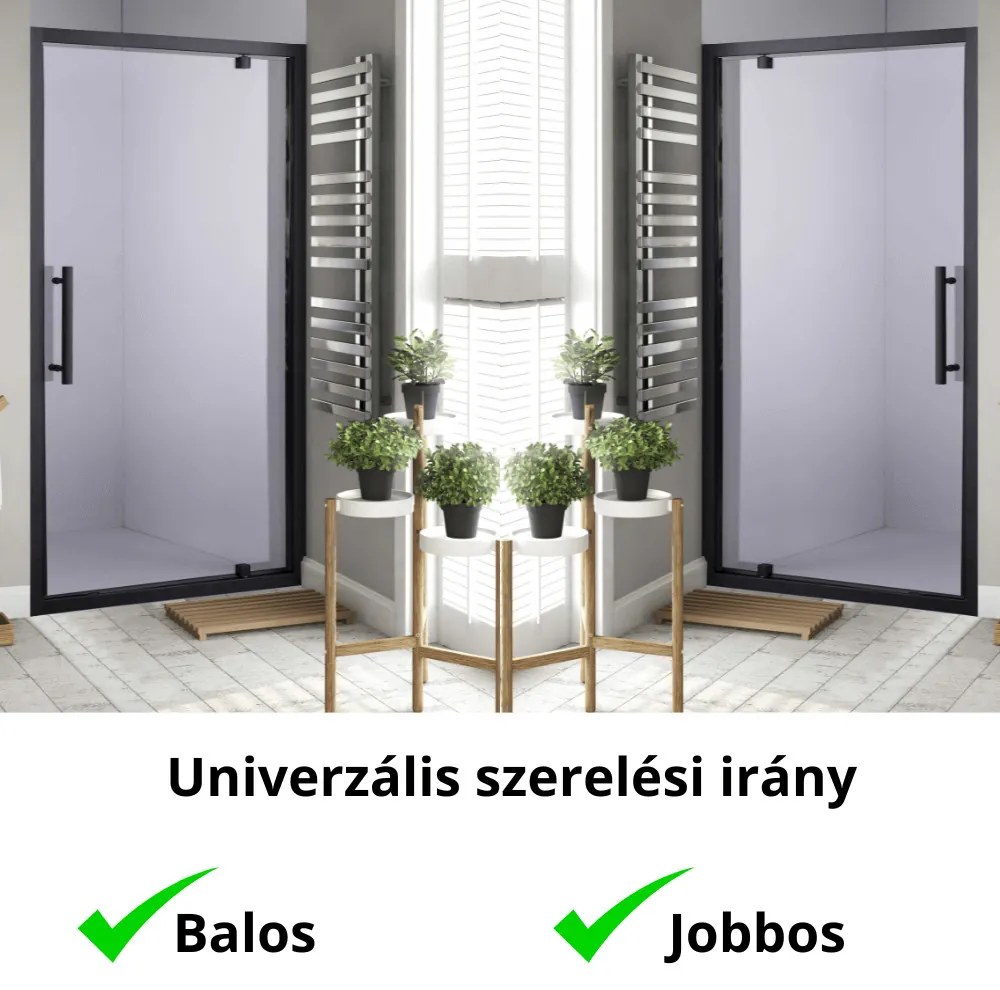 Stuxi Torino Black 120 cm széles nyílóajtós zuhanyajtó 6 mm vastag vízlepergető biztonsági üveggel, fekete elemekkel, 200 cm magas