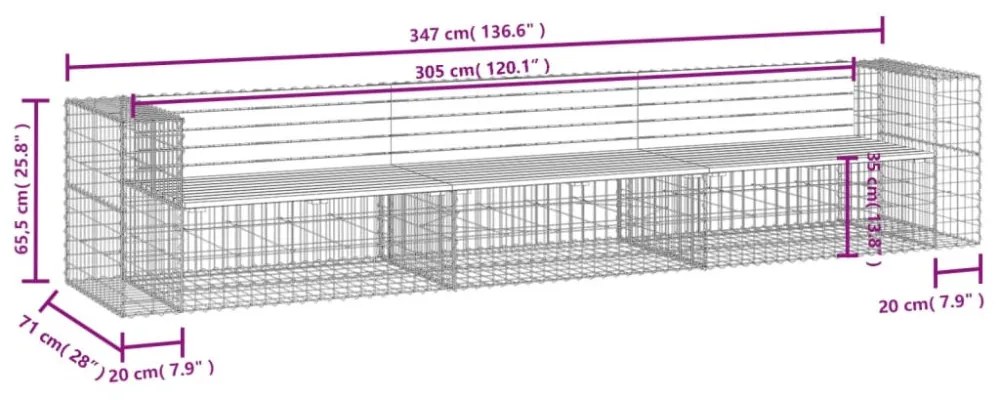 tömör fenyőfa gabion kerti pad 347x71x65,5 cm
