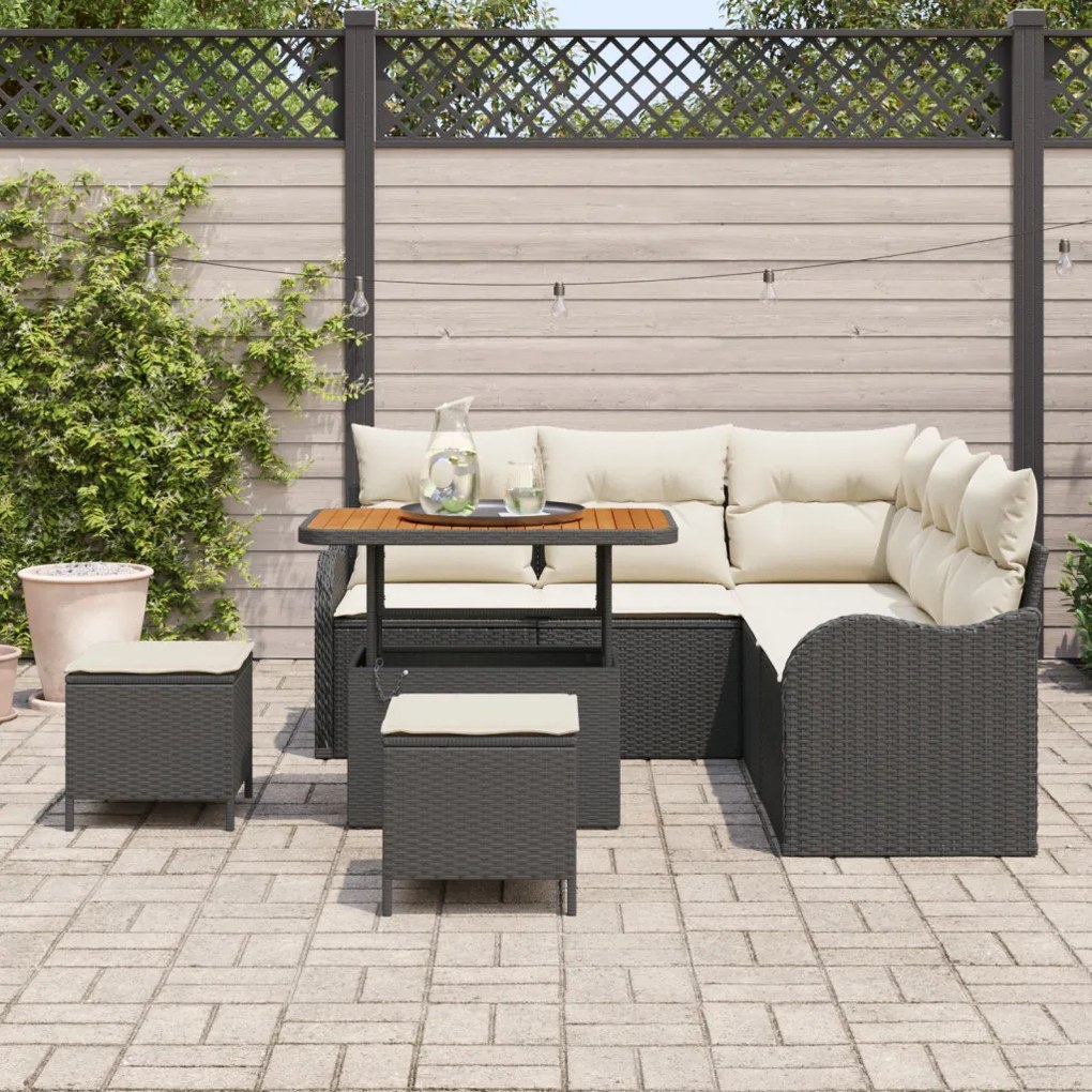 8 Darabos Kert Kanapé Szett Párnákkal Fekete Poly Rattan Akác