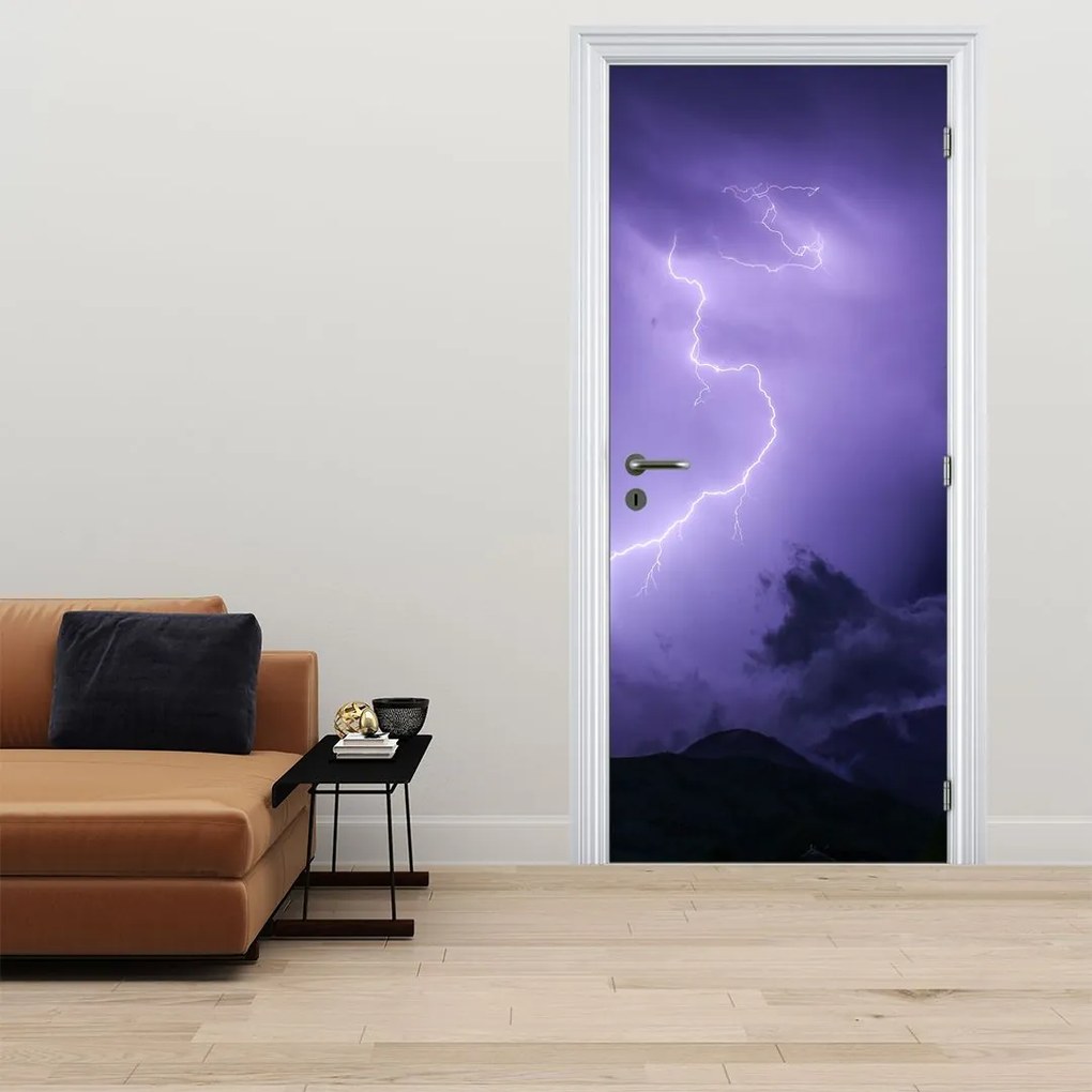 Fotótapéta ajtóra - Lila ég és villámlás (95x205cm)