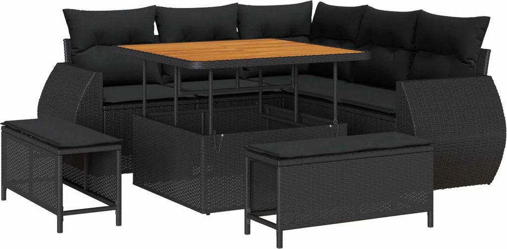 vidaXL Kerti Kanapé Szett párnával tárolóval 8 pcs Fekete polirattan