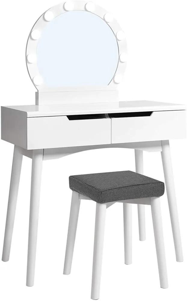 Tükörös fésülködő asztal készlet világítással, 2 nagy csúszó fiókkal és párnázott székkel, fehér