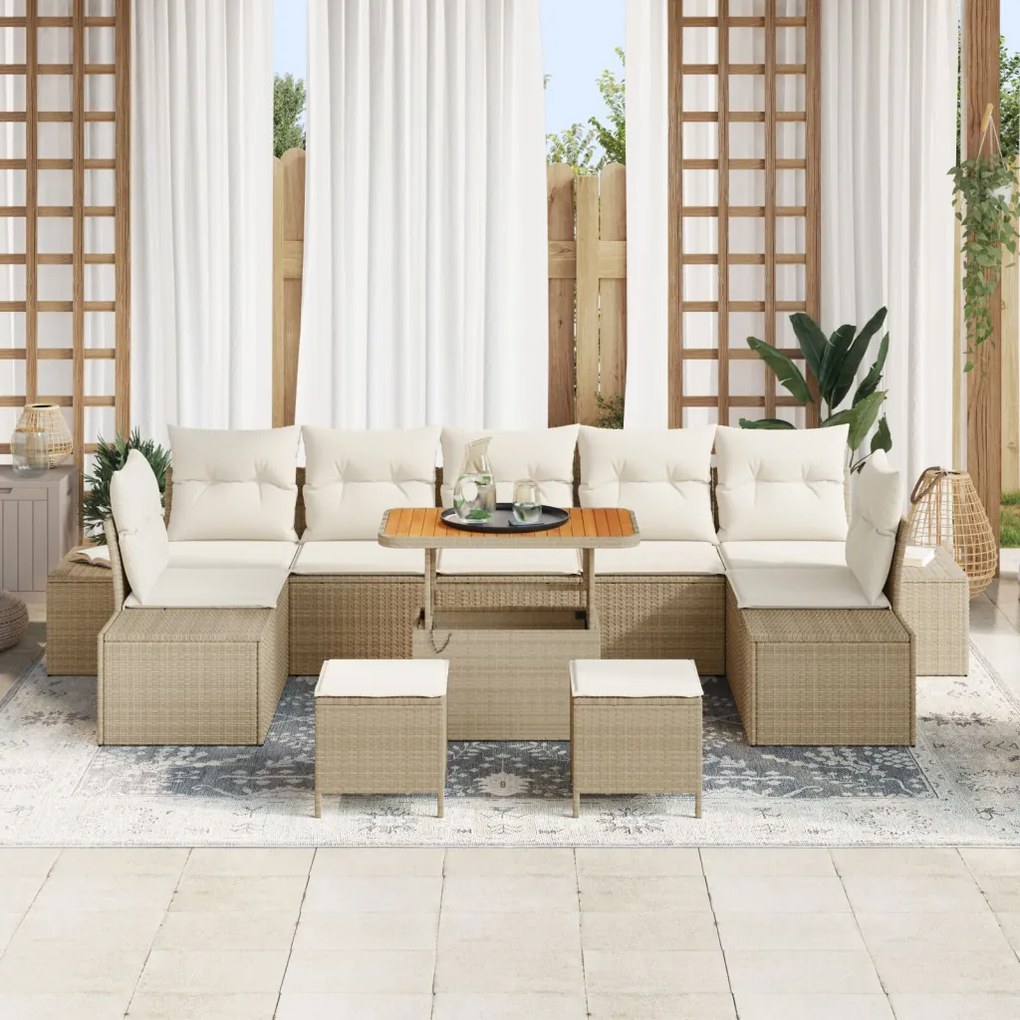 10 darabos kert kanapé szett párnákkal Bézs poly rattan akácia, 2 személyes kert kanapé párnákkal Bézs poly rattan, 3 darabos kert étkező szett párnákkal Bézs poly rattan akácia