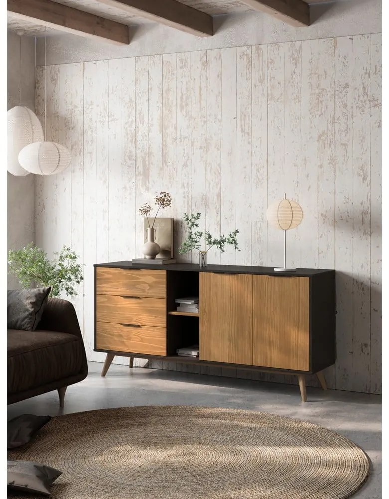 Fekete-natúr színű borovi fenyő alacsony komód 165x80 cm Lavis – Marckeric