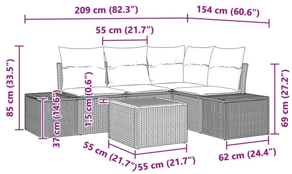 Kertibútor Szett 5 Darab Fekete és Krém Poli rattan párnákkal