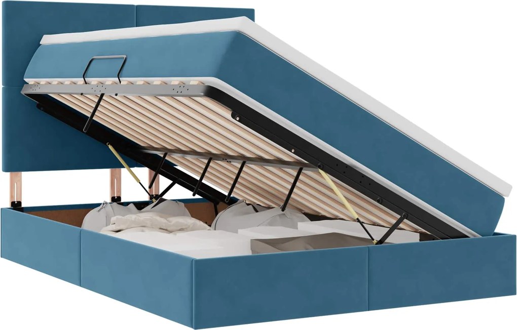 vidaXL Ágy tárolóval és matraccal Sötét kék 140 x 200 cm Bársony