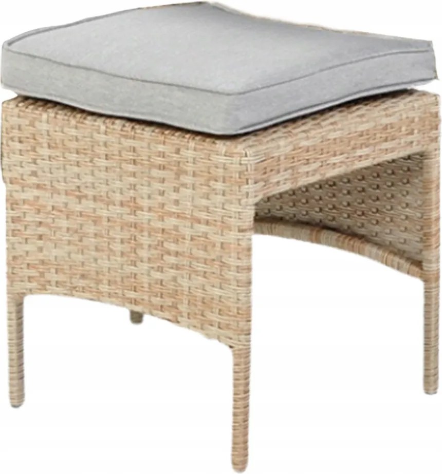 „BERNO” RATTAN BÚTOR SZETT (SAROKKANAPÉ + 2 PUFF + ASZTAL) BÉZS SZÍNBEN, SZÜRKE PÁRNÁKKAL