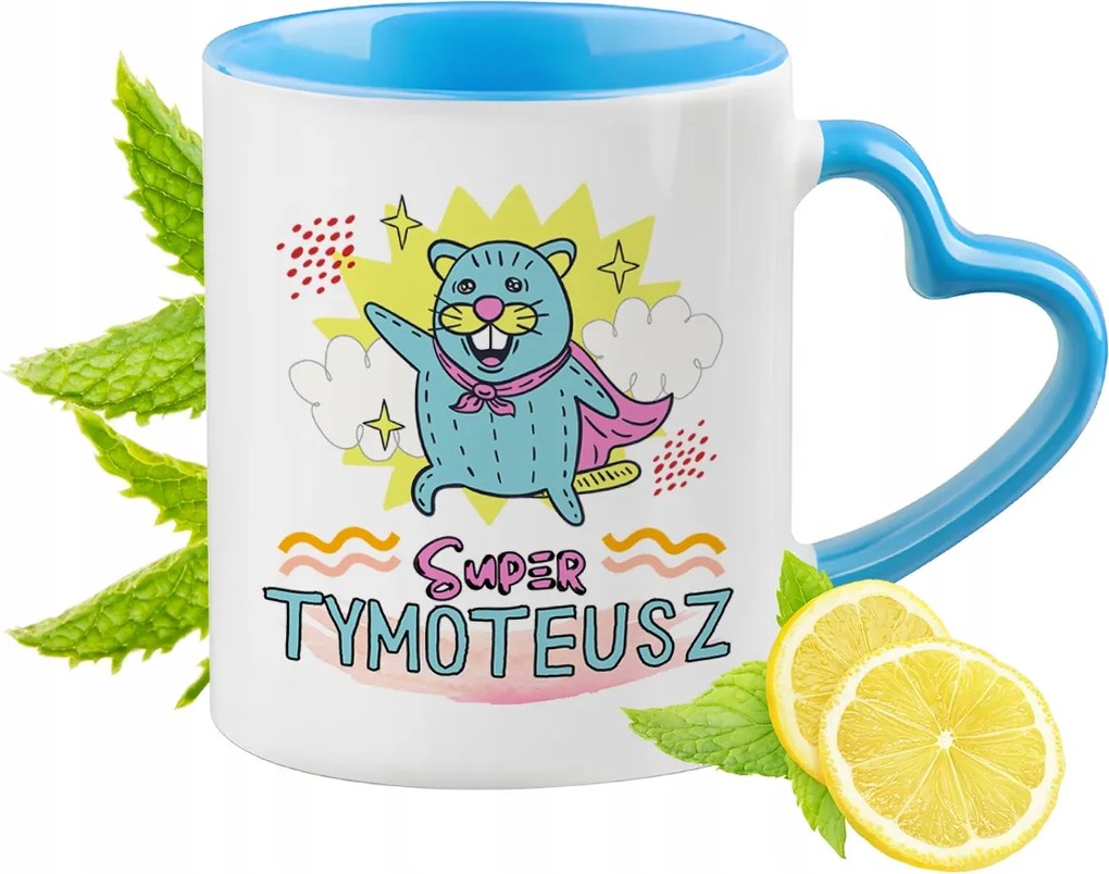 Kék bögre szív alakú füllel Timóteusnak ajándékba