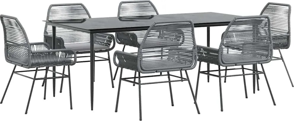 vidaXL 7 részes szürke polyrattan üveg kerti étkezőgarnitúra párnával