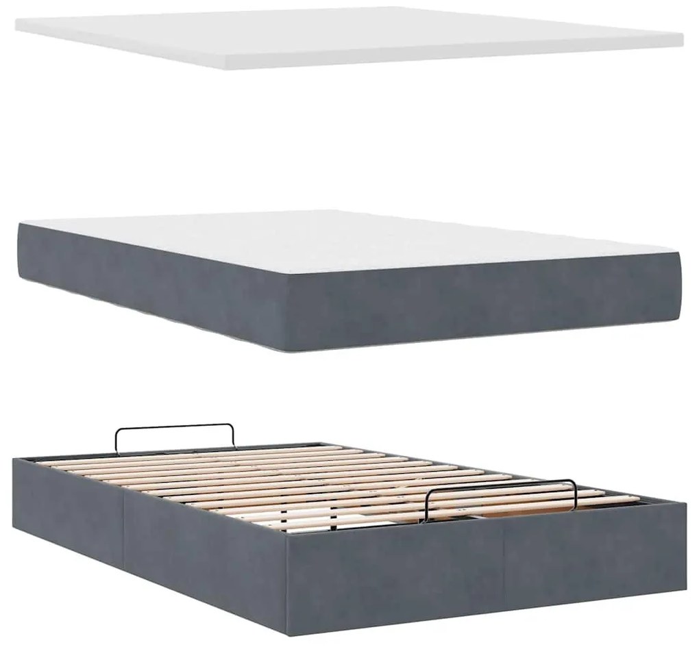 sötétszürke bársony ottomán ágy matraccal & LED-ek 120x190cm