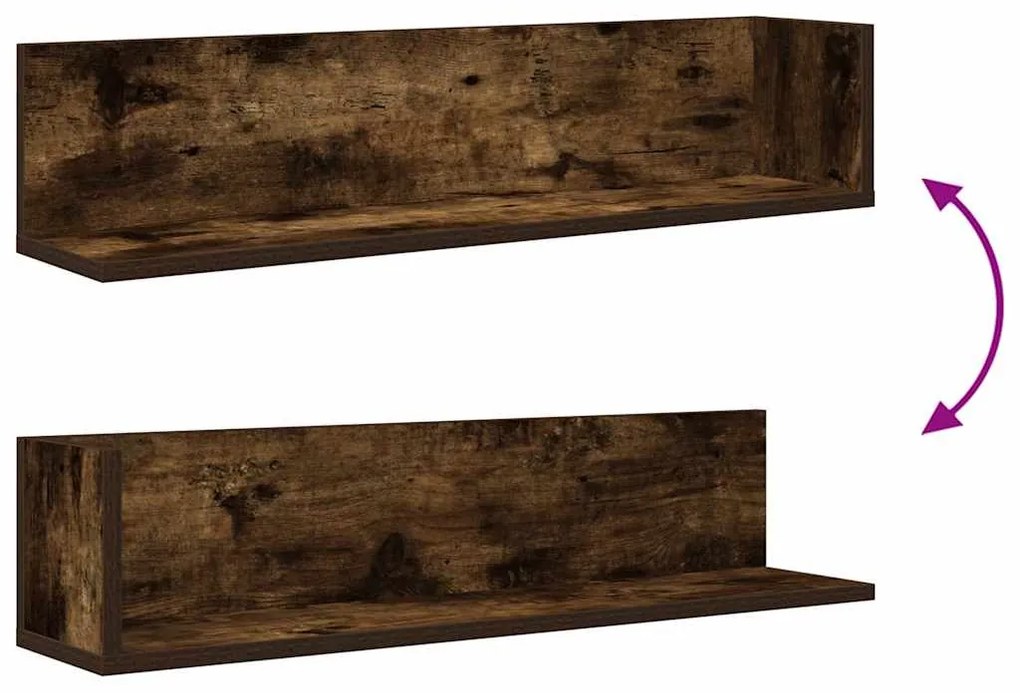 2 db füstös tölgy színű szerelt fa fali polc 75 x 16,5 x 16,5cm