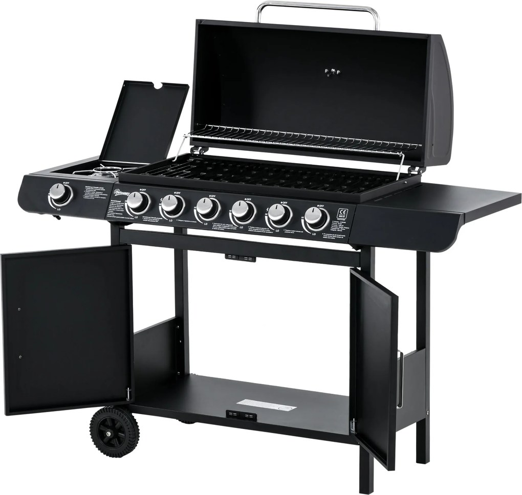 Outsunny 20KW Gázgrill Kocsi 7 Rozsdamentes Acél Égővel, Oldali Égő, Nyomásszabályzó, Gáz Tömlő, Fedél, 2 Fűtési Zóna, Hőmérő, Oldalsó Polcok, BBQ Ker