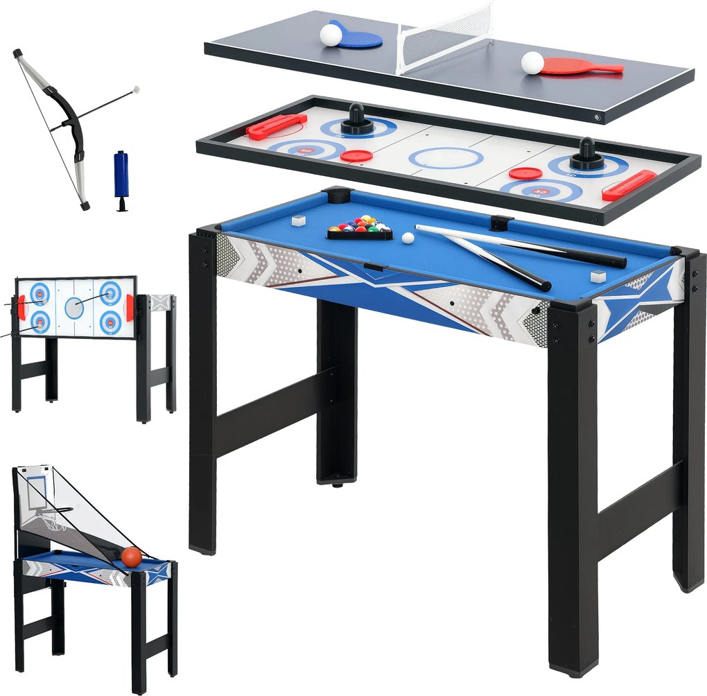 SPORTNOW 5 az 1-ben Multijáték Asztal - Pingpong, Biliárd, Jégkorong, Kosárlabda és Íjászat - Felnőtteknek 91 x 45,5 x 76 cm Fekete+Kék | Aosom