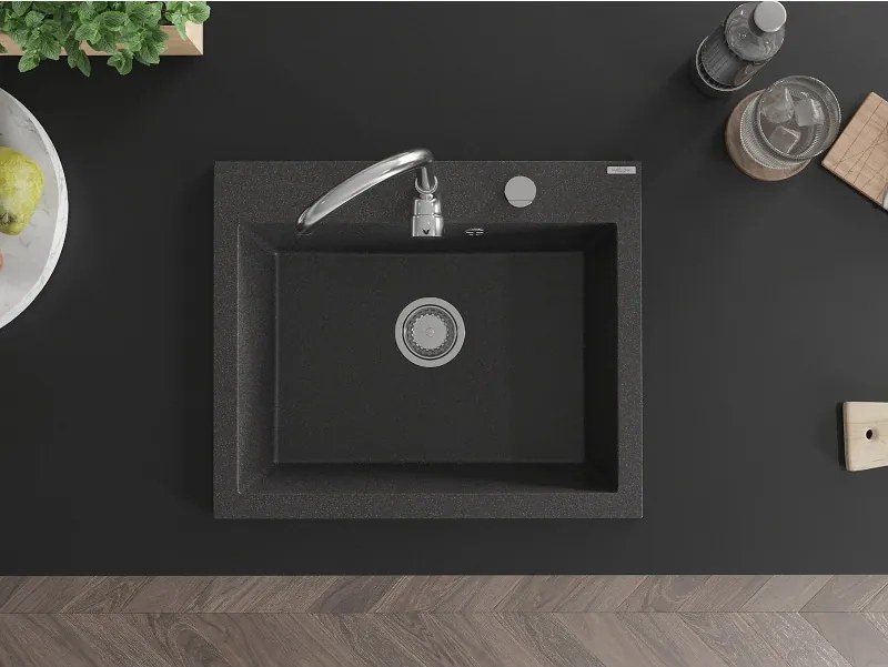 Mexen Elix gránit mosogató 1-medencés 600 x 500 mm, fekete pöttyös, króm szifon - 6525601005-76