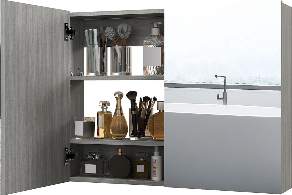 HOMCOM fali tükrös fürdőszobai szekrény, 80 x 15 x 60 cm, dupla ajtó, állítható polcok, szürke | Aosom