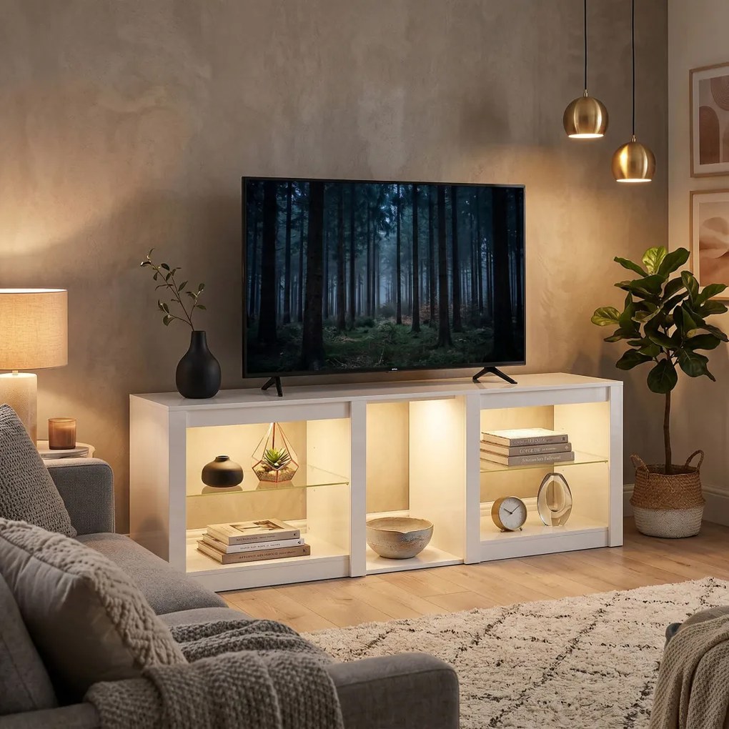 TV-szekrény RGB LED világítással, modern, fehér